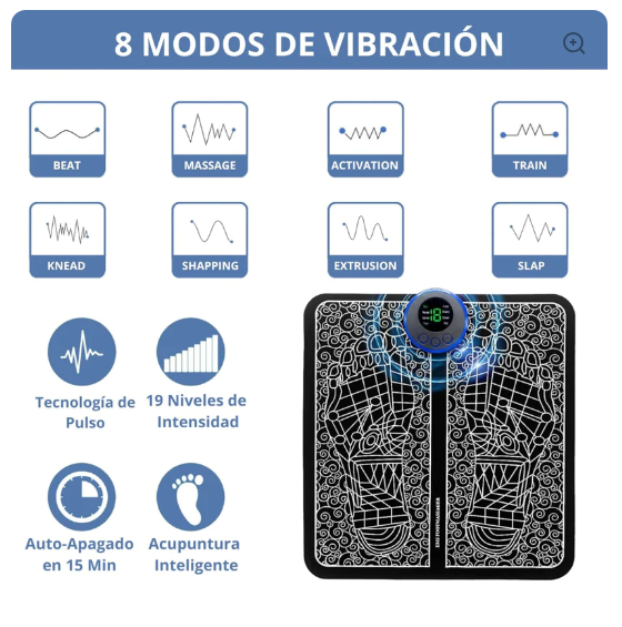 el tapete masajeador y estimular tiene ocho modos de vibración y diecinueve niveles de intensidad