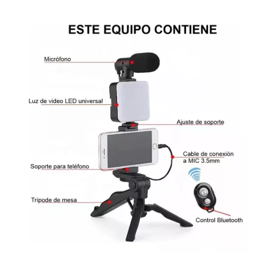 Trípode estabilizador para celular con luz y micrófono